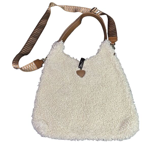 Plushy Leather Womens Hobo Bag Sherpa Cream Brown Gold Accents Made in Italy - Picture 1 of 16